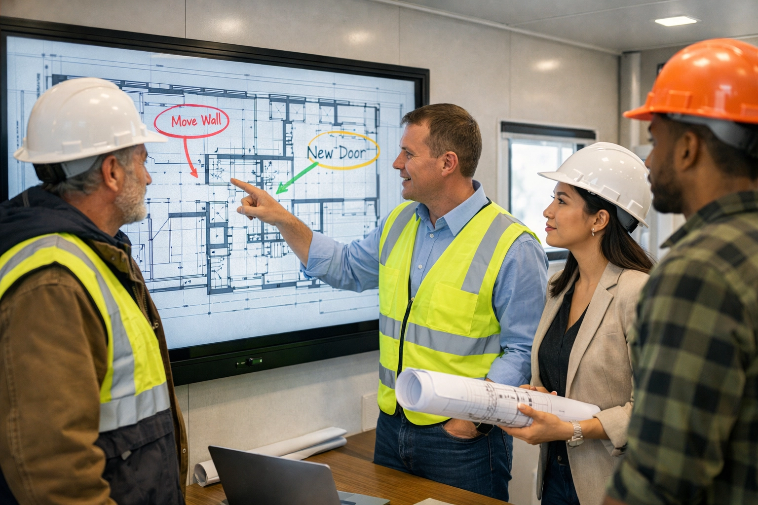 Construction team collaborating on digital blueprints in job site trailer