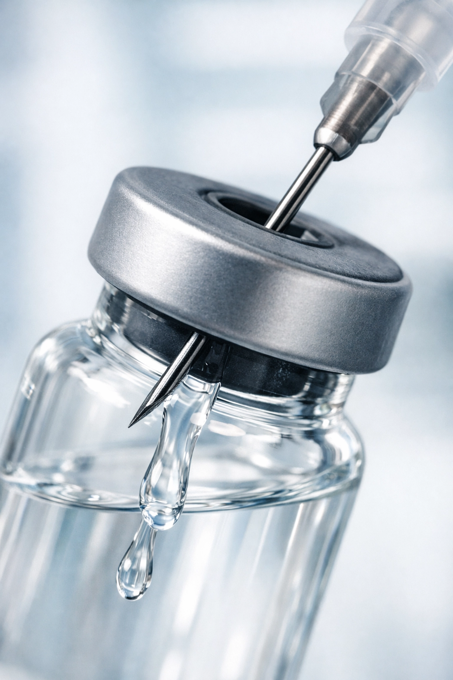 Injecting bacteriostatic water into a peptide vial using the slow drip technique for safe reconstitution.