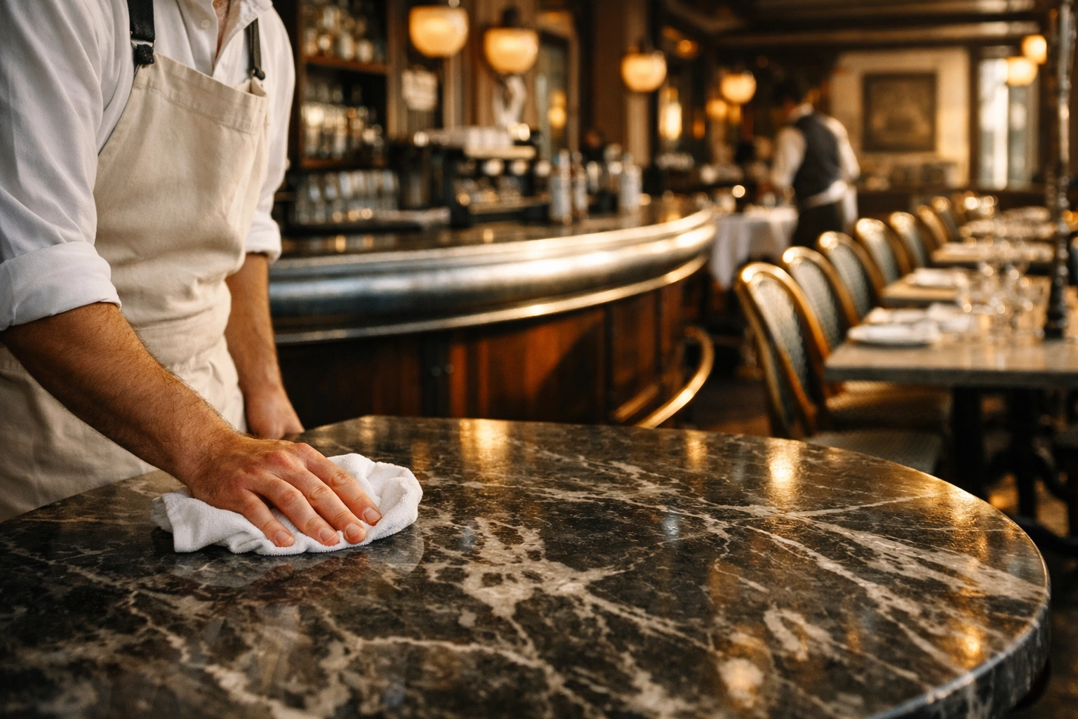 A worker polishes a marble tabletop in a classic French brasserie featuring a zinc bar and bistro chairs.