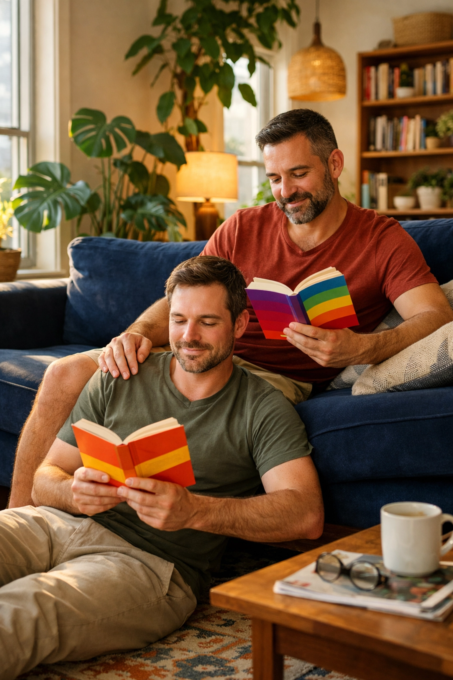 A gay couple enjoying LGBTQ+ fiction and MM romance books together in a bright, cozy modern living room.
