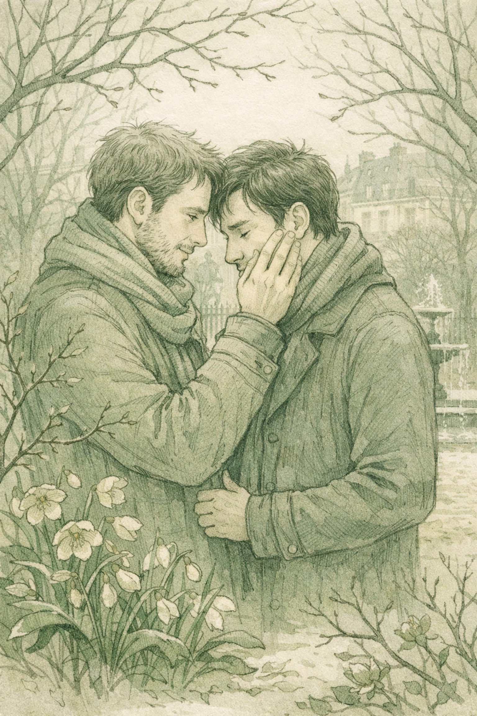 MM romance couple in tender moment among winter blooms in Parisian secret garden