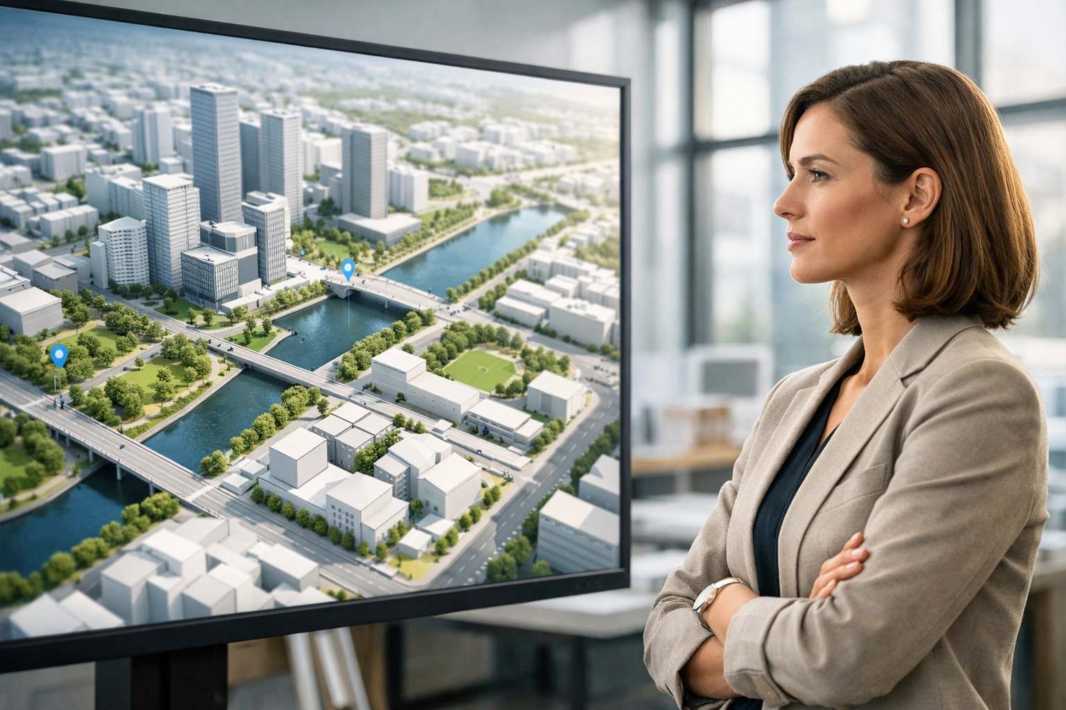 A professional reviewing an urban site map in a modern office to define project development objectives.