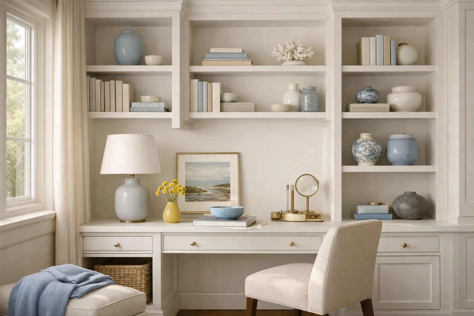 High-end home office/library with clean white built-ins, subtle blue decor, and a small yellow accent, dust-free and tidy.