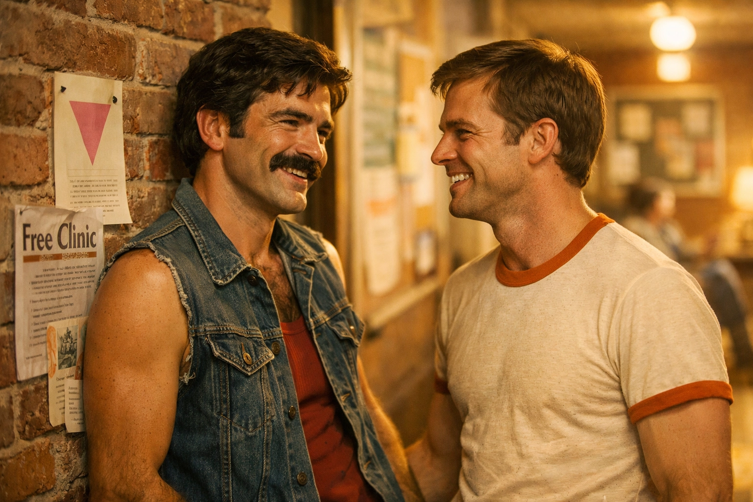 Gay men in a 1970s community clinic, reflecting the history of safe LGBTQ health care and support.