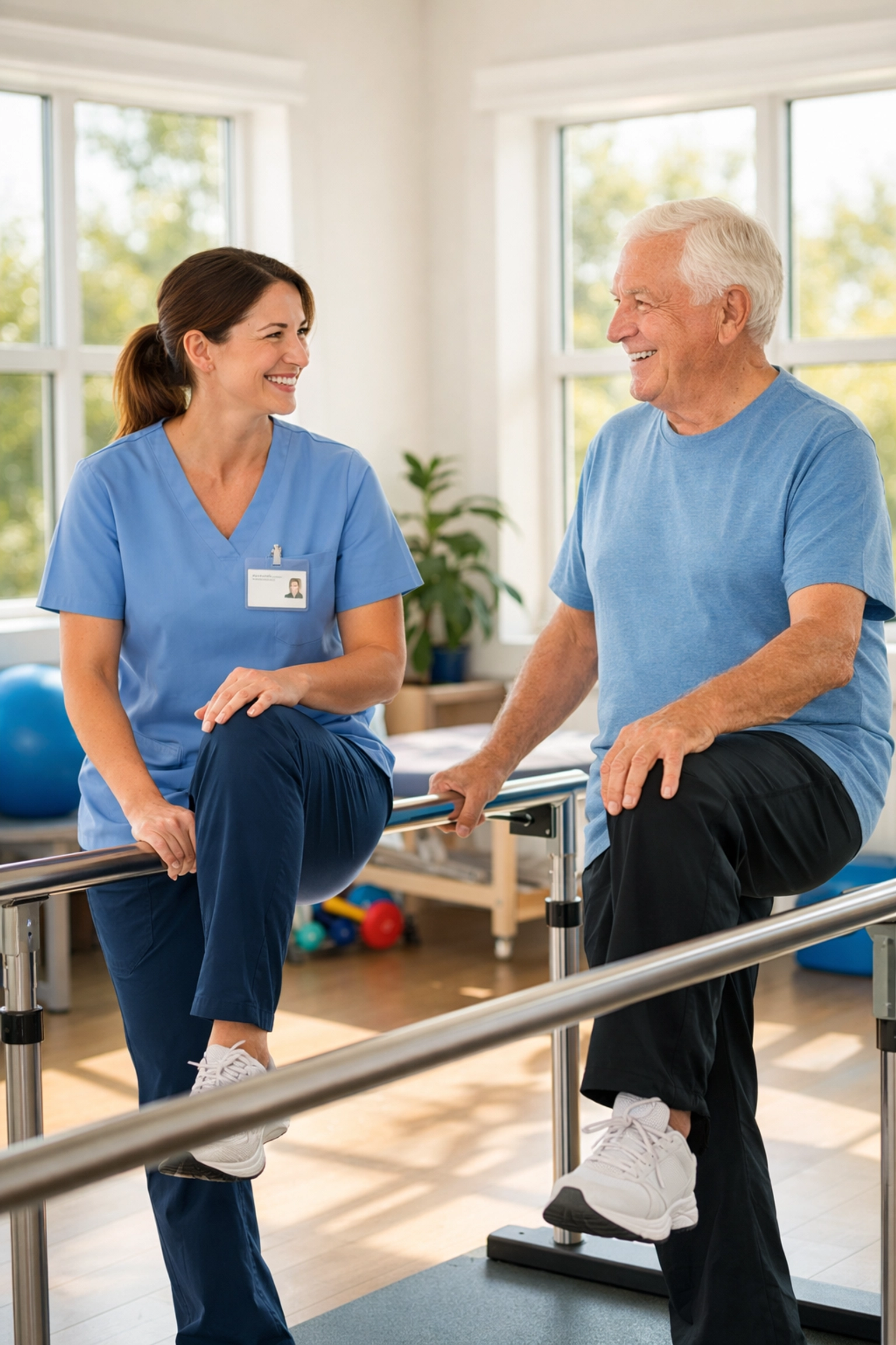 Physical therapist helping senior with leg strengthening exercises for better balance