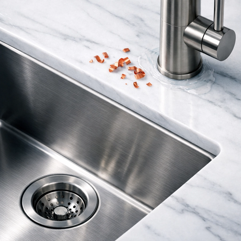 Stainless steel kitchen sink showing plumbing debris and silicone sealant residue needing post-construction cleaning.