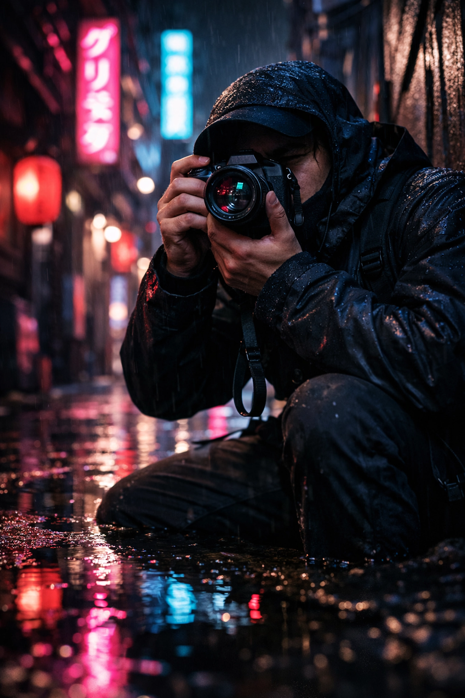 Street photographer capturing candid moments at night with a small mirrorless camera in a neon-lit alleyway.