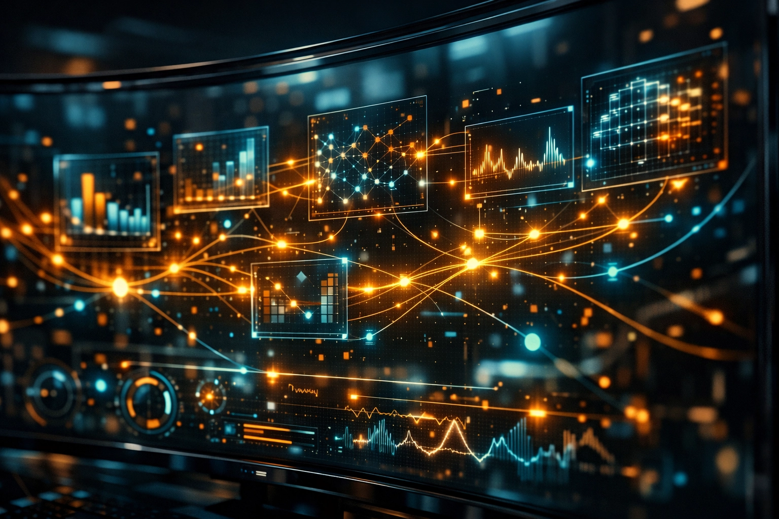 Digital dashboard with holographic data modules representing advanced AI strategies for lead generation.
