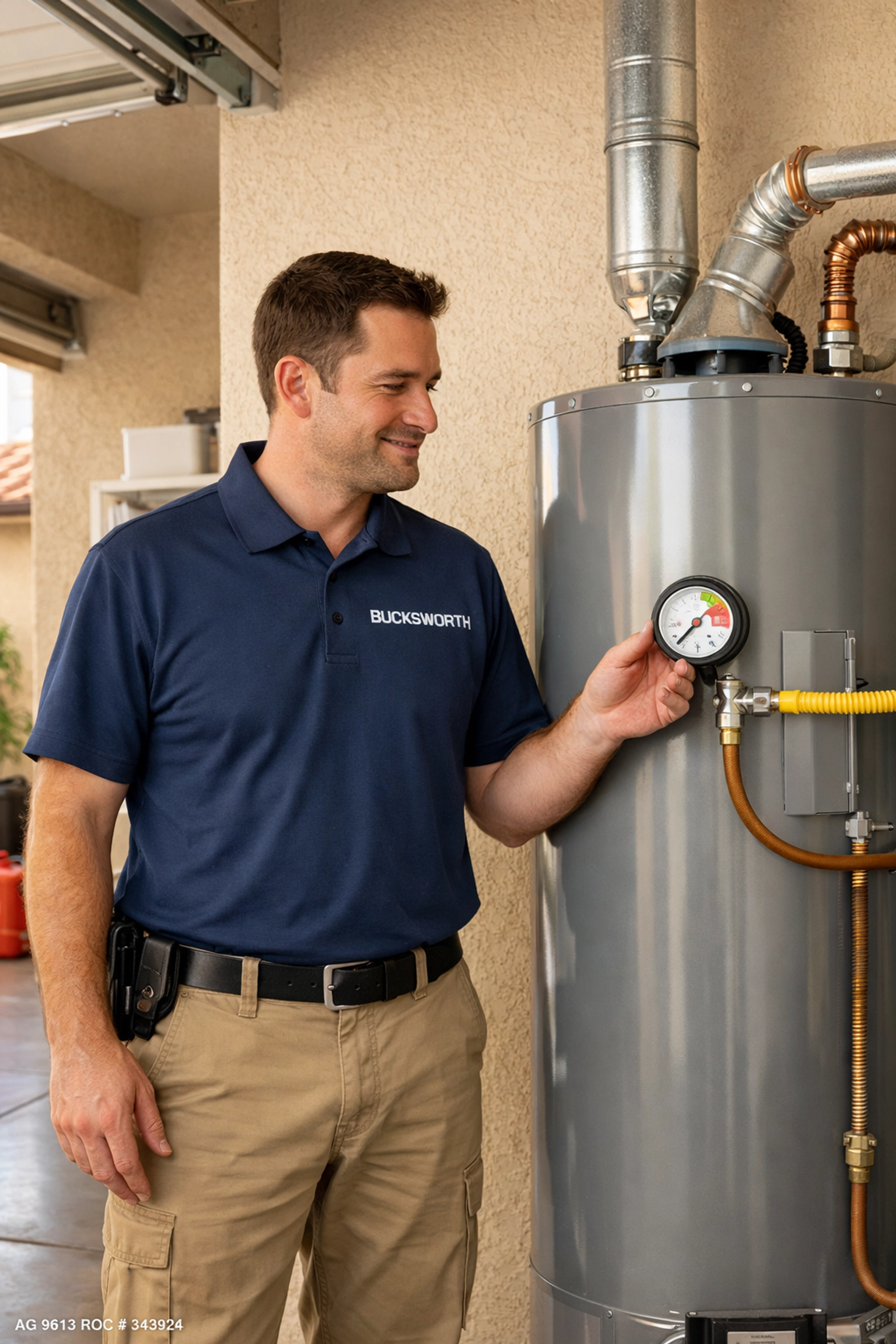 Mesa water heater service technician inspecting a unit for sediment buildup and maintenance.