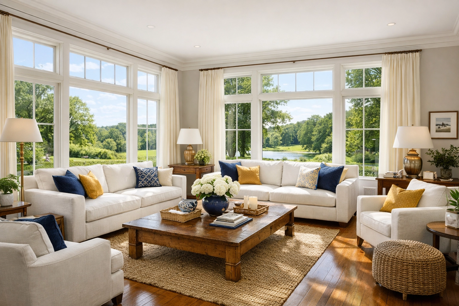 Pristine luxury living room in a Concord estate featuring eco-friendly cleaning and polished floors.