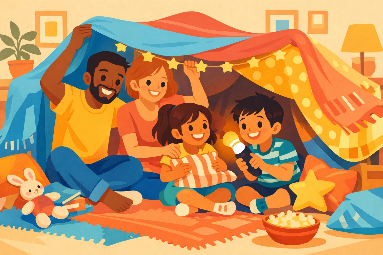 Family building blanket fort at home for free fun activity
