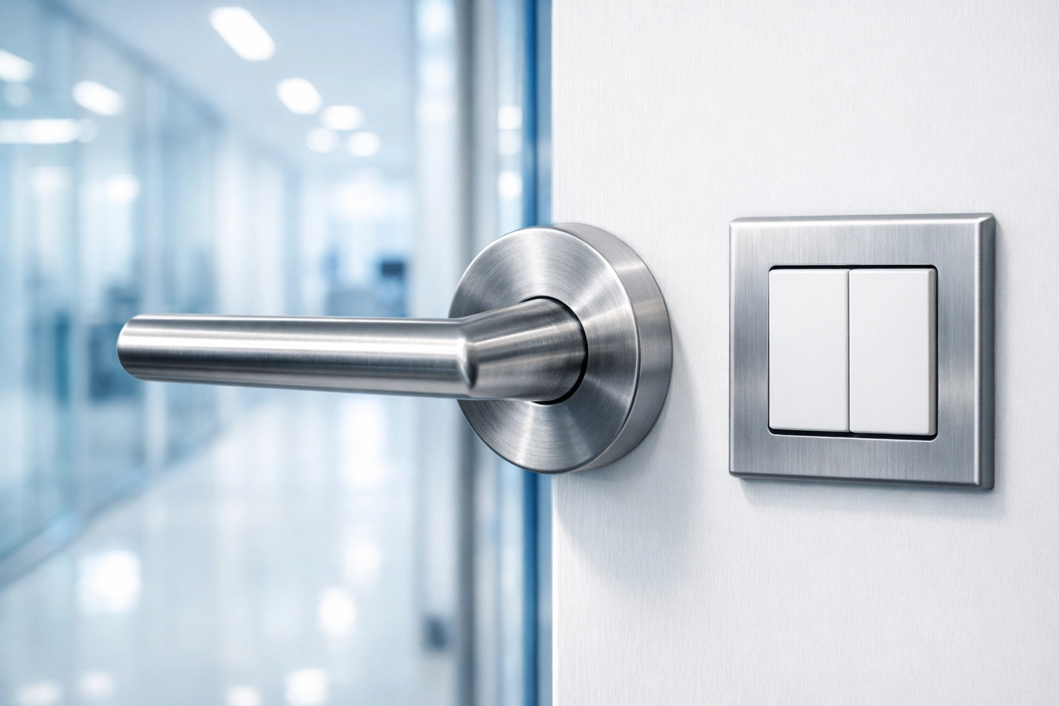 Sanitized door handle and light switch in a professional office, highlighting top-tier office cleaning in Littleton.
