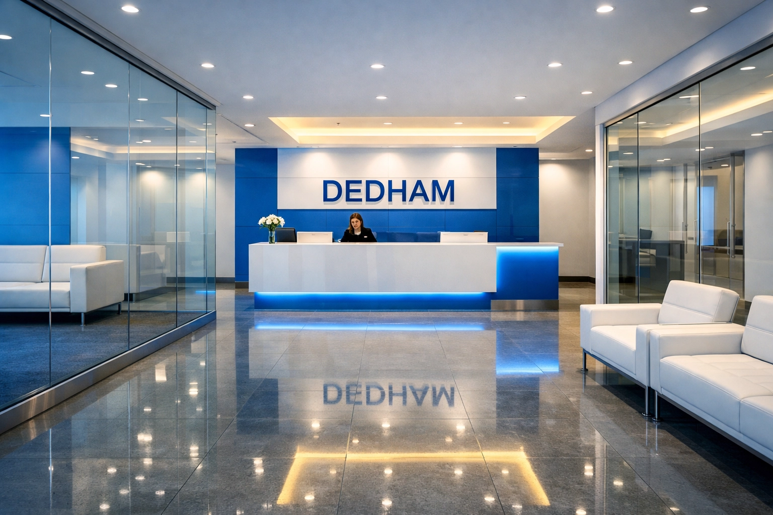 Sanitized modern Dedham office lobby maintained by professional cleaners in Dedham and Westwood MA.