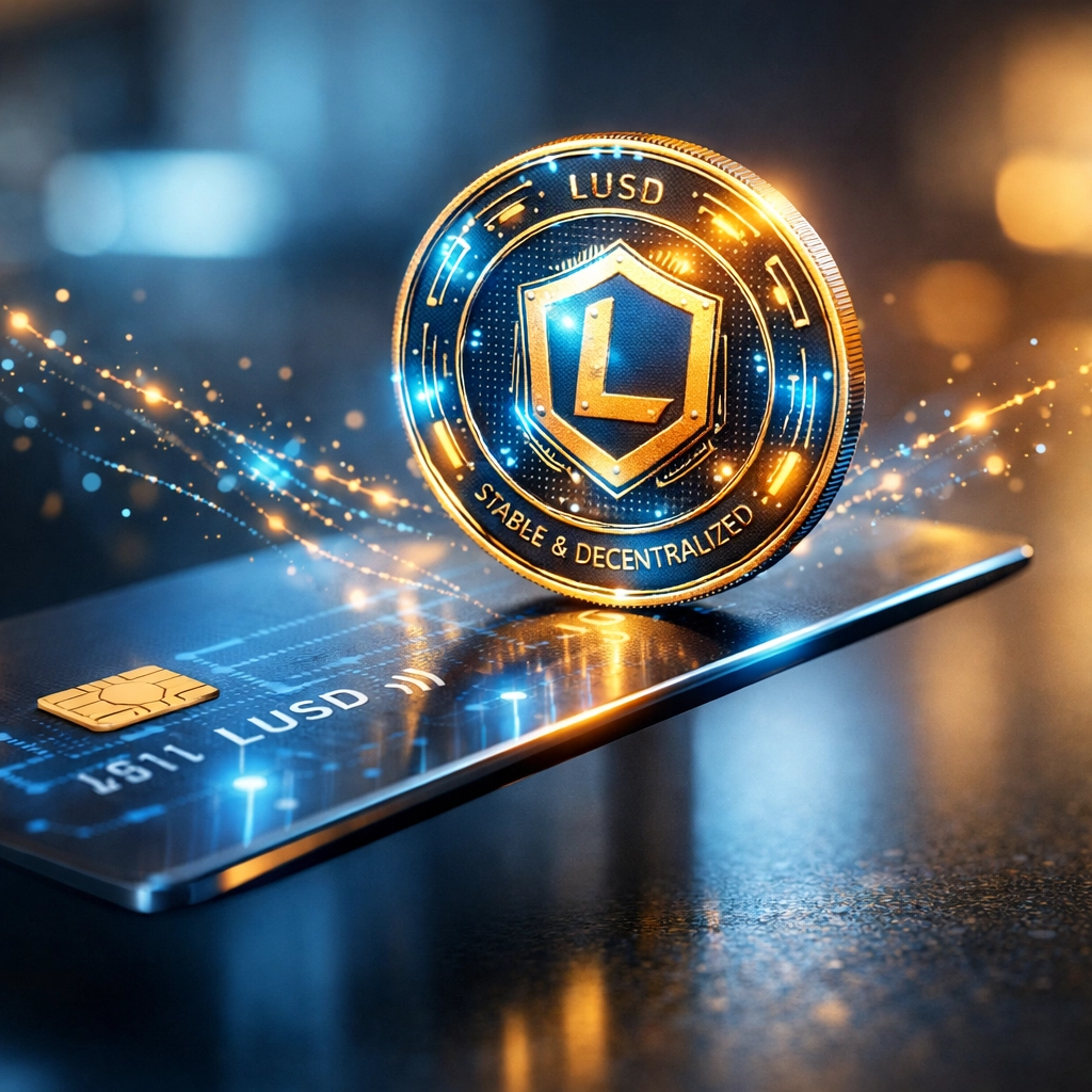 Secure LUSD stablecoin on a digital debit card illustrating Larecoin's instant crypto-to-fiat spending.