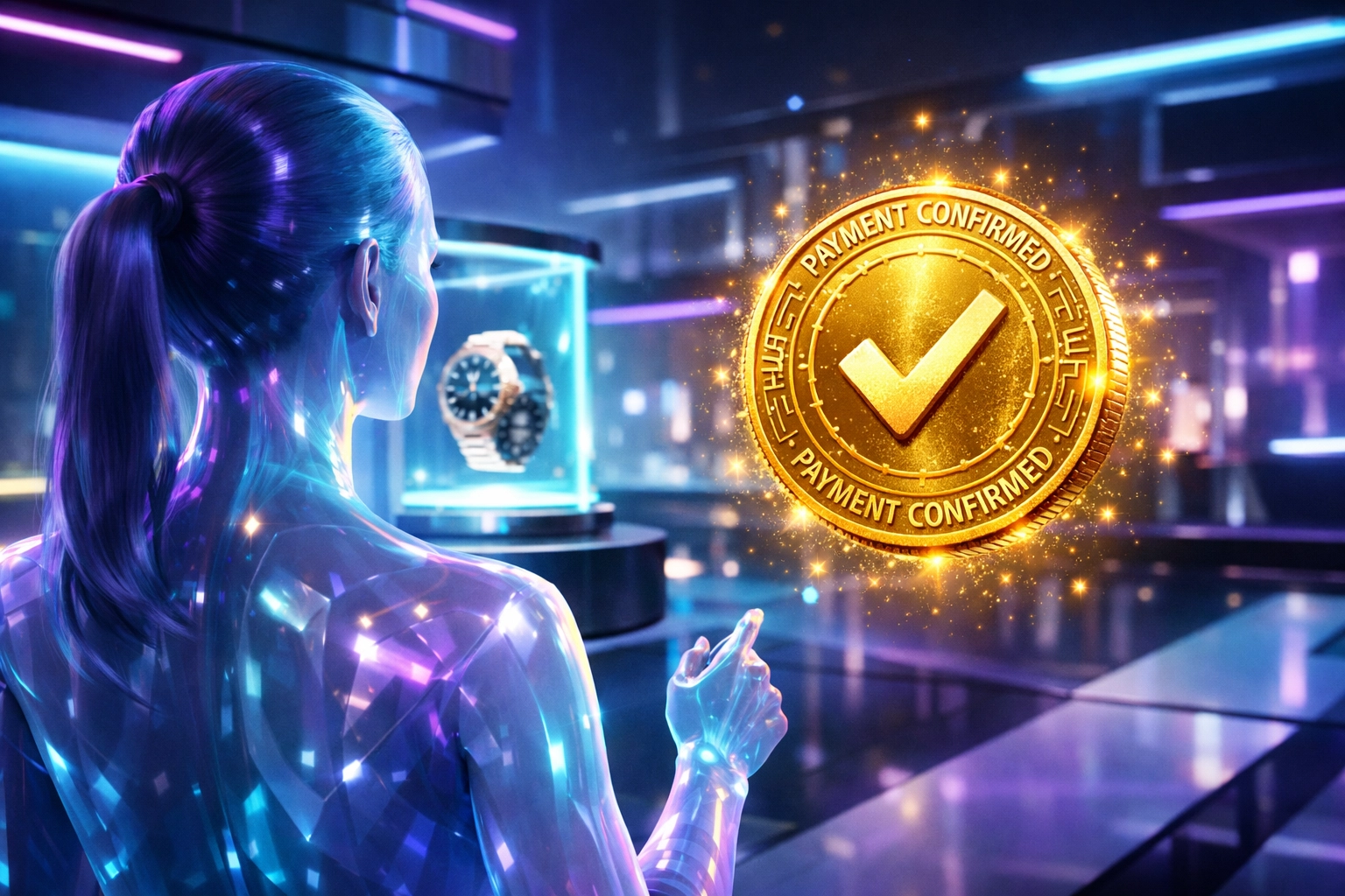 Futuristic metaverse retail interface for secure AI-driven LUSD payments and Web3 global commerce.