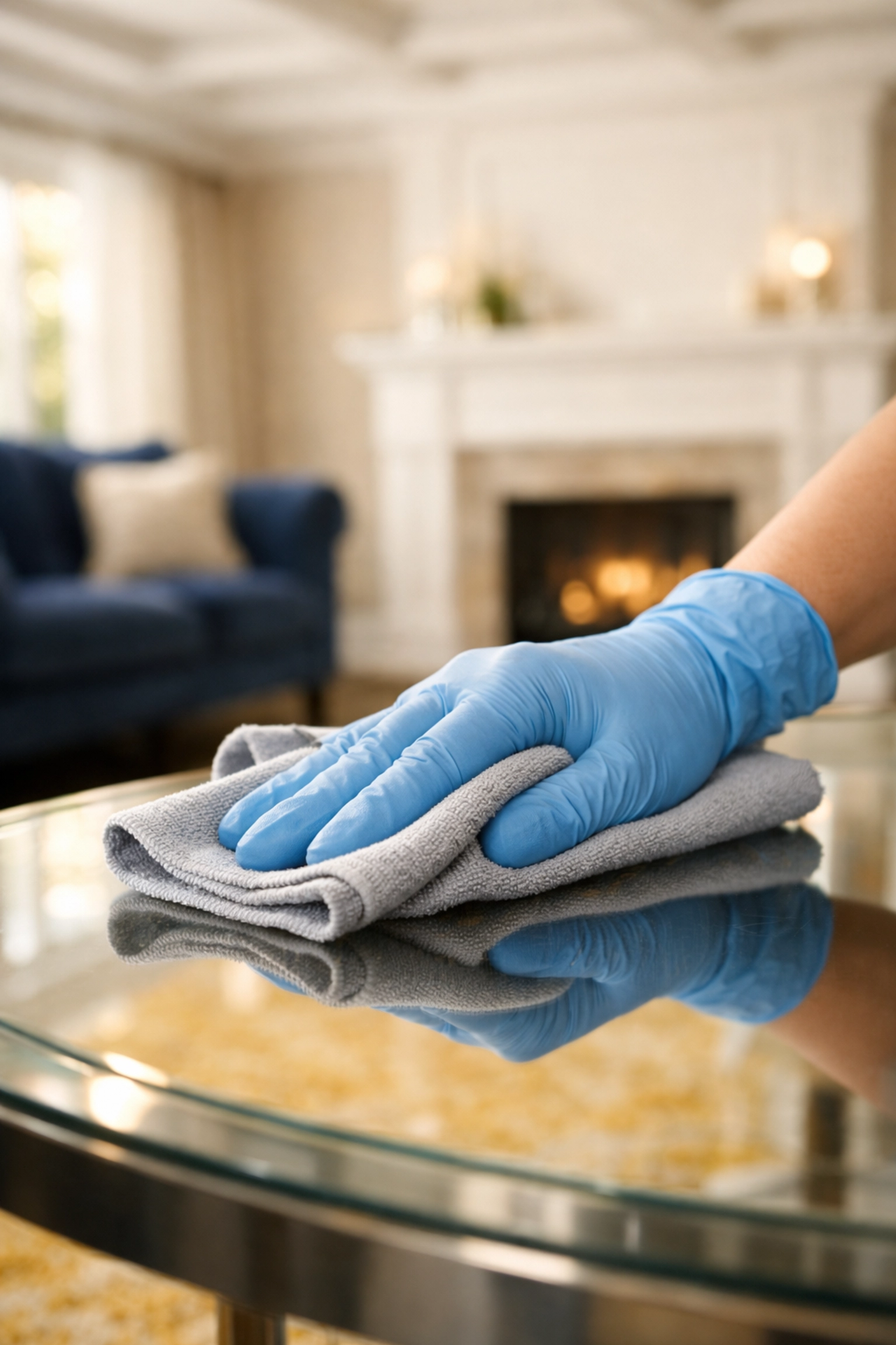 Microfiber polishing of a glass table during a professional residential cleaning Massachusetts service.