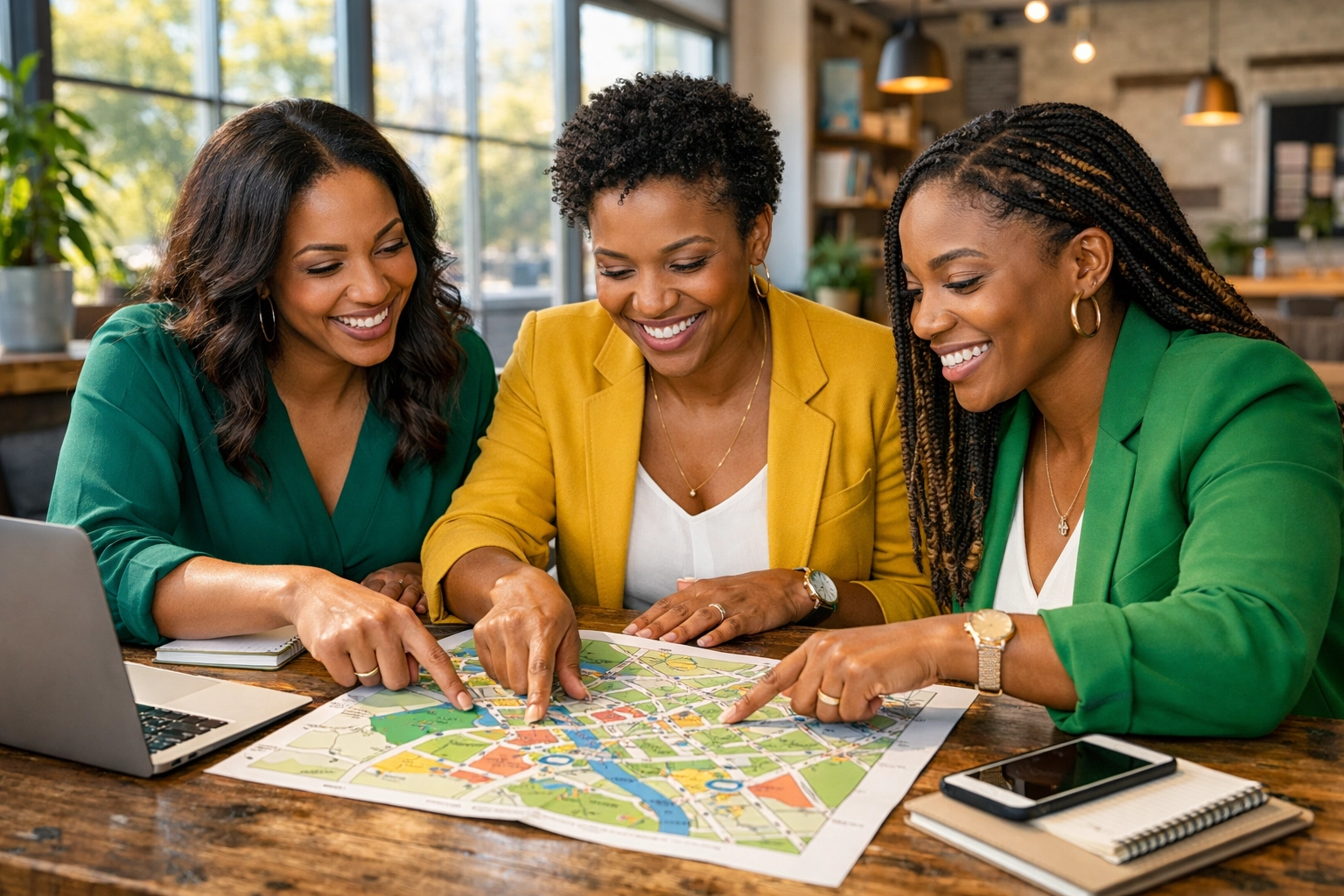 Family ReBuild board members (Kemi Abiola in the center, Stephania Monnay on the left, and Shawn Jacobs on the right) planning community support strategies in a bright South Jersey office.