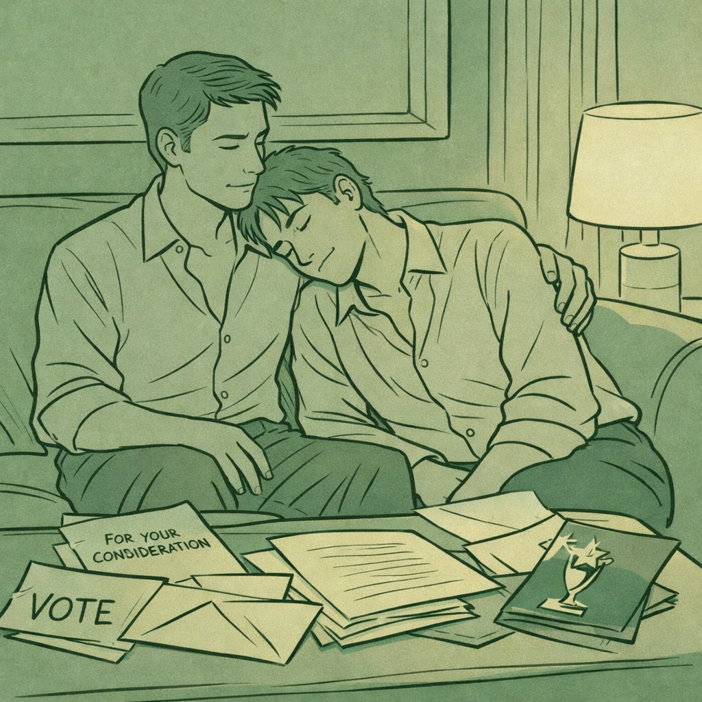 Gay romance couple exhausted on couch during award season campaign with scripts scattered around