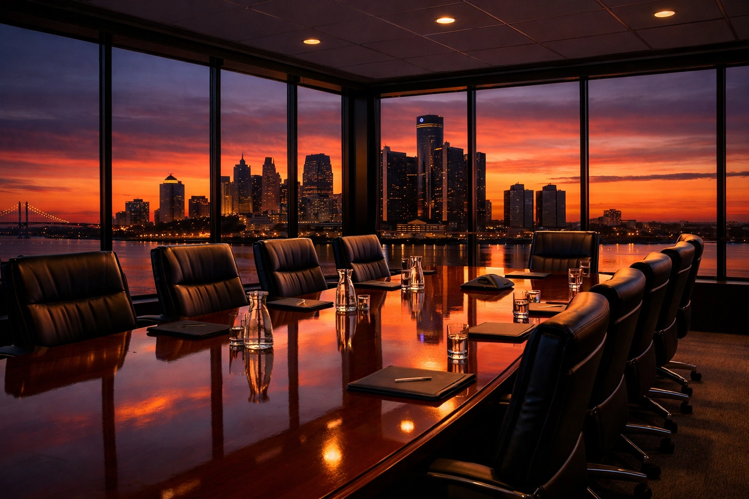 Spotless modern conference room overlooking the city skyline at sunset for business readiness.