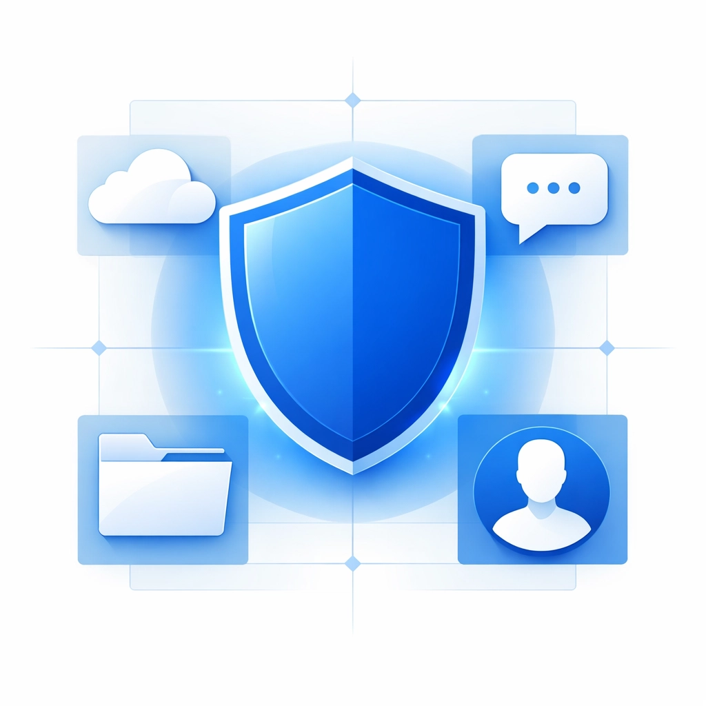 Protective shield over cloud and data icons representing comprehensive cybersecurity across all accounts.