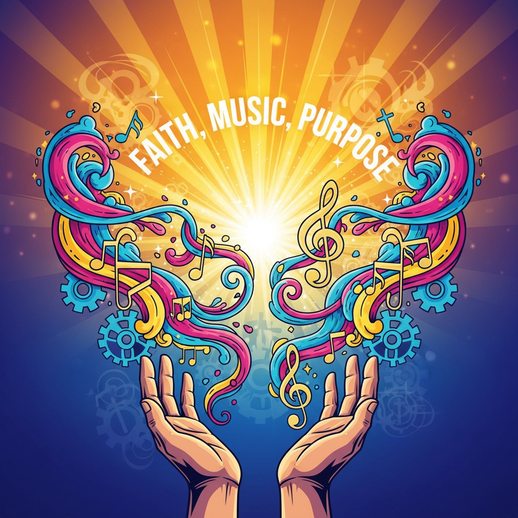 Radiant hands uplift a vibrant fusion of swirls, musical notes, and gears, symbolizing the harmonious connection between faith, music, and purpose against a sunlit backdrop.