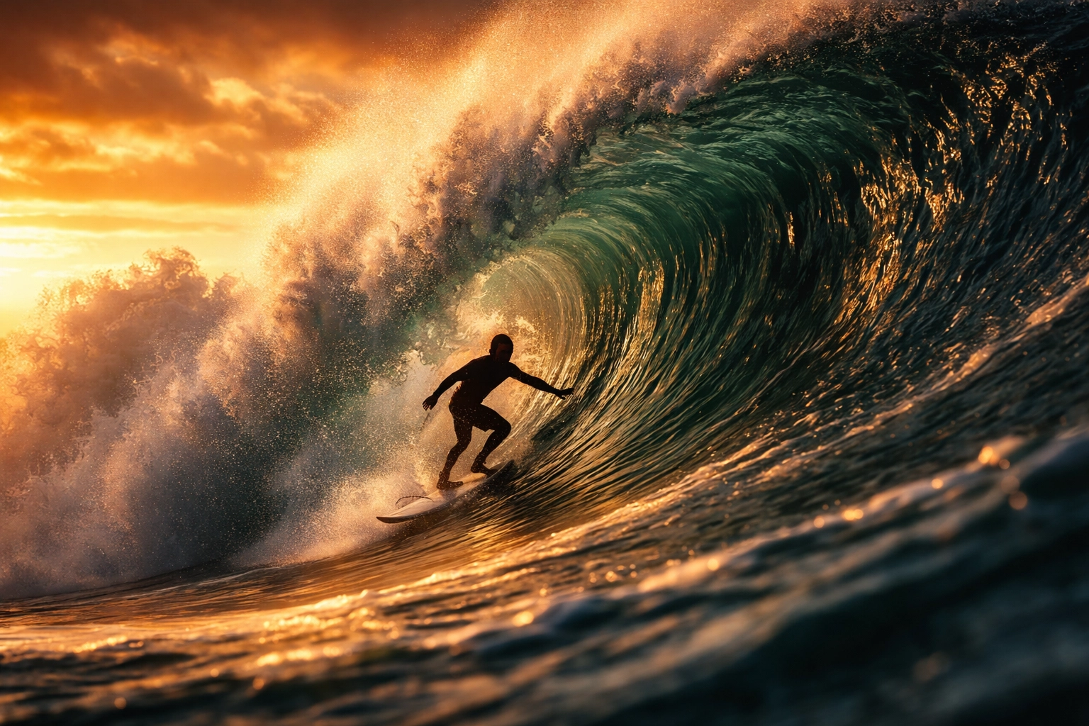Surfer riding a large ocean wave at sunset symbolizing navigating market volatility through global macro hedge fund strategies.