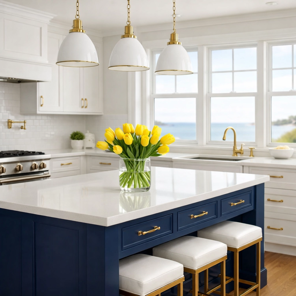 Spotless Hingham coastal kitchen with white cabinets and navy island after weekly cleaning.