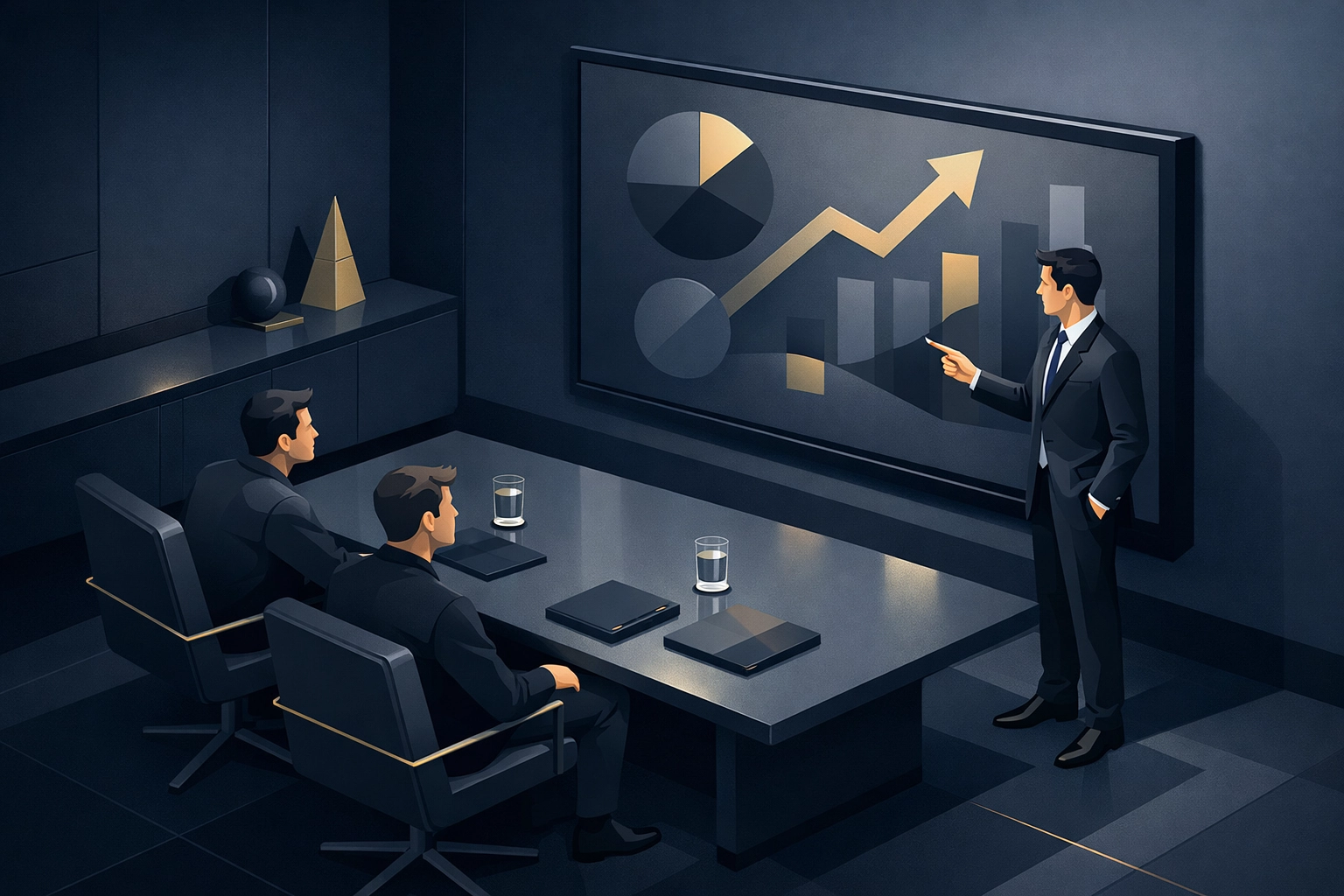 Financial advisor presenting reports to startup founders