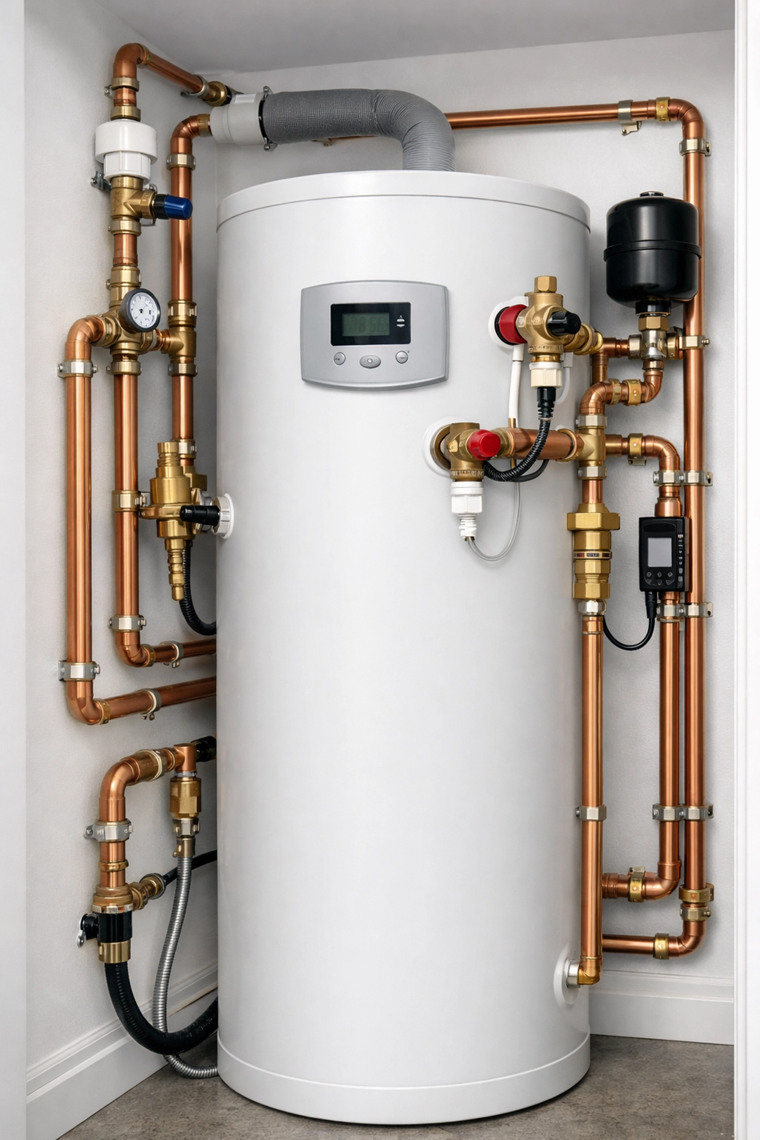 A modern hot water cylinder and professional pipework installation for an energy efficient home heating system.