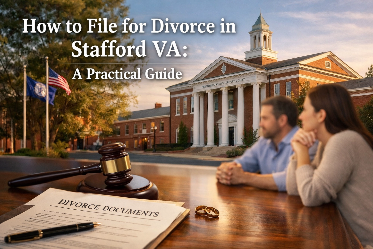 divorce lawyers stafford va guide hero image showing divorce paperwork and courthouse context