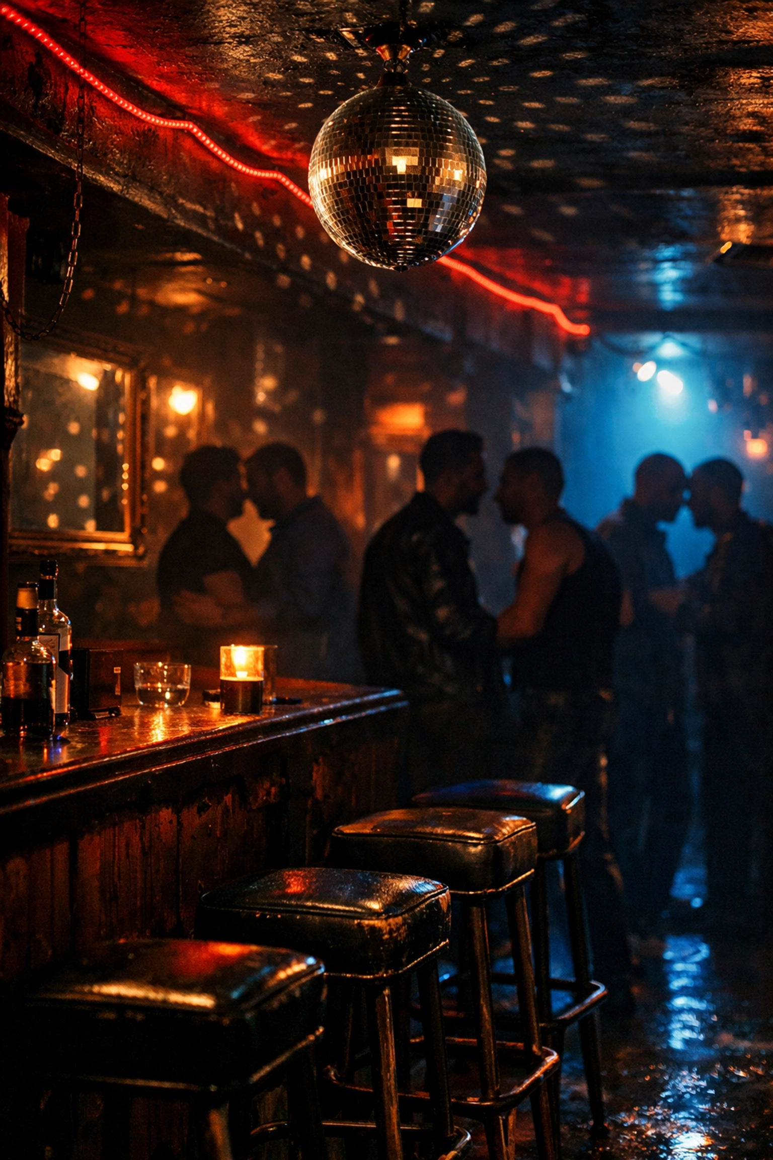 Interior of gay cruising bar with mirror ball and intimate atmosphere