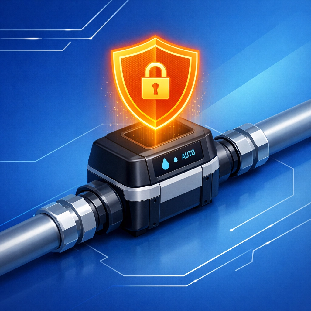 Automatic water shut-off valve providing security against burst pipes and winter water damage.