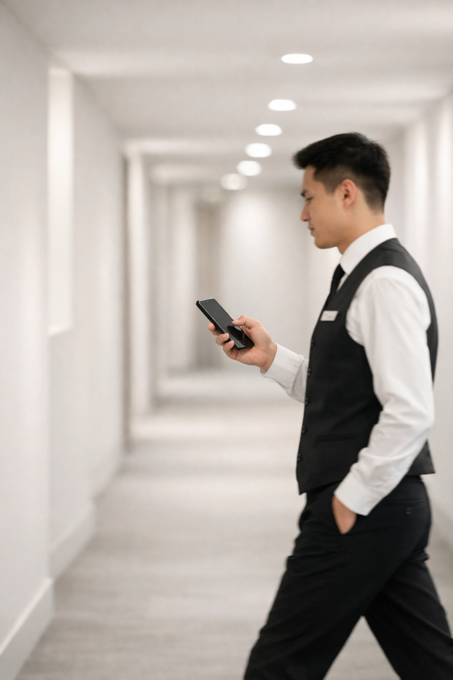 Hotel staff member using a mobile tablet for seamless property operations in a modern guest corridor.