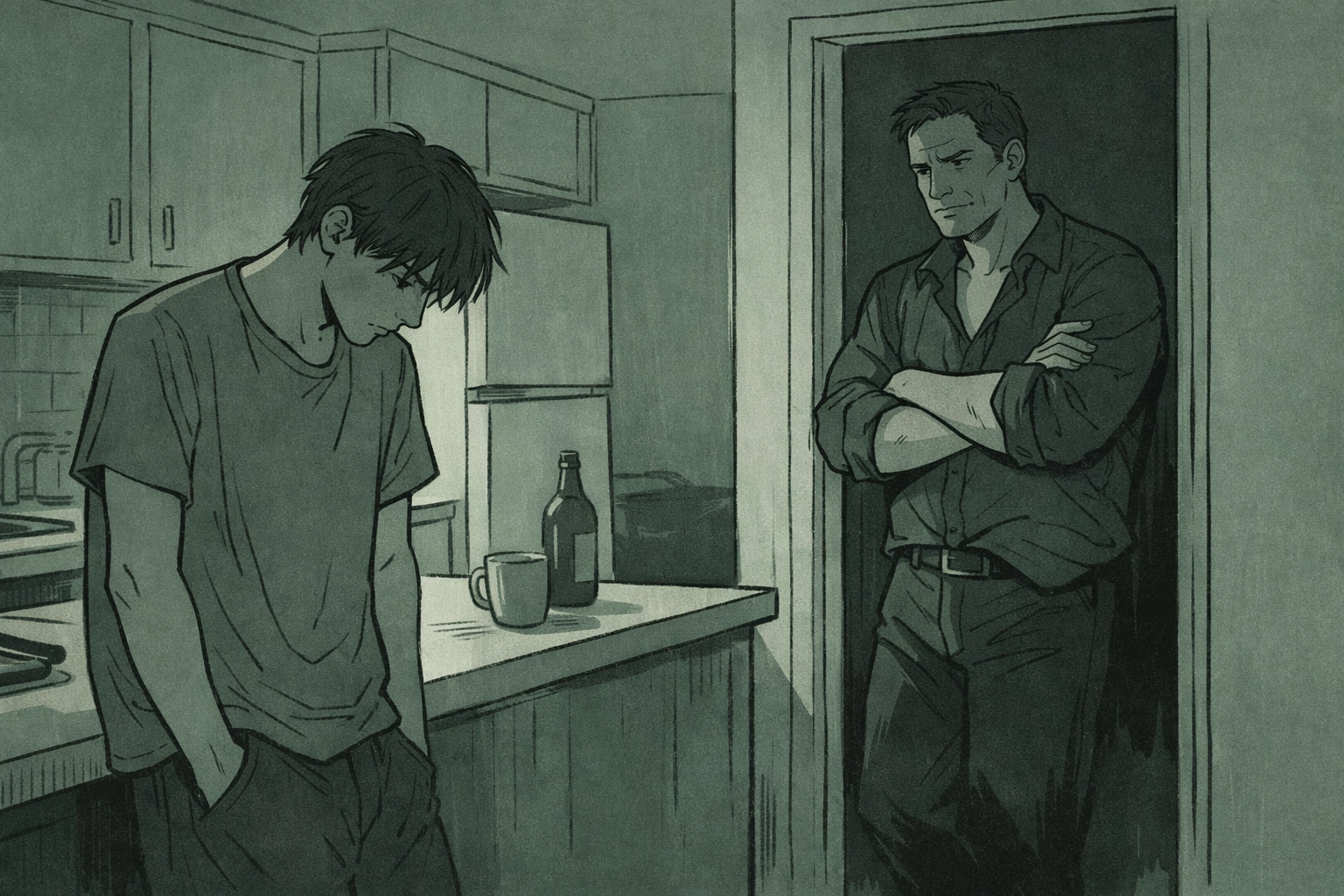 Young man and older stepfather in tense kitchen moment exploring forbidden MM romance attraction