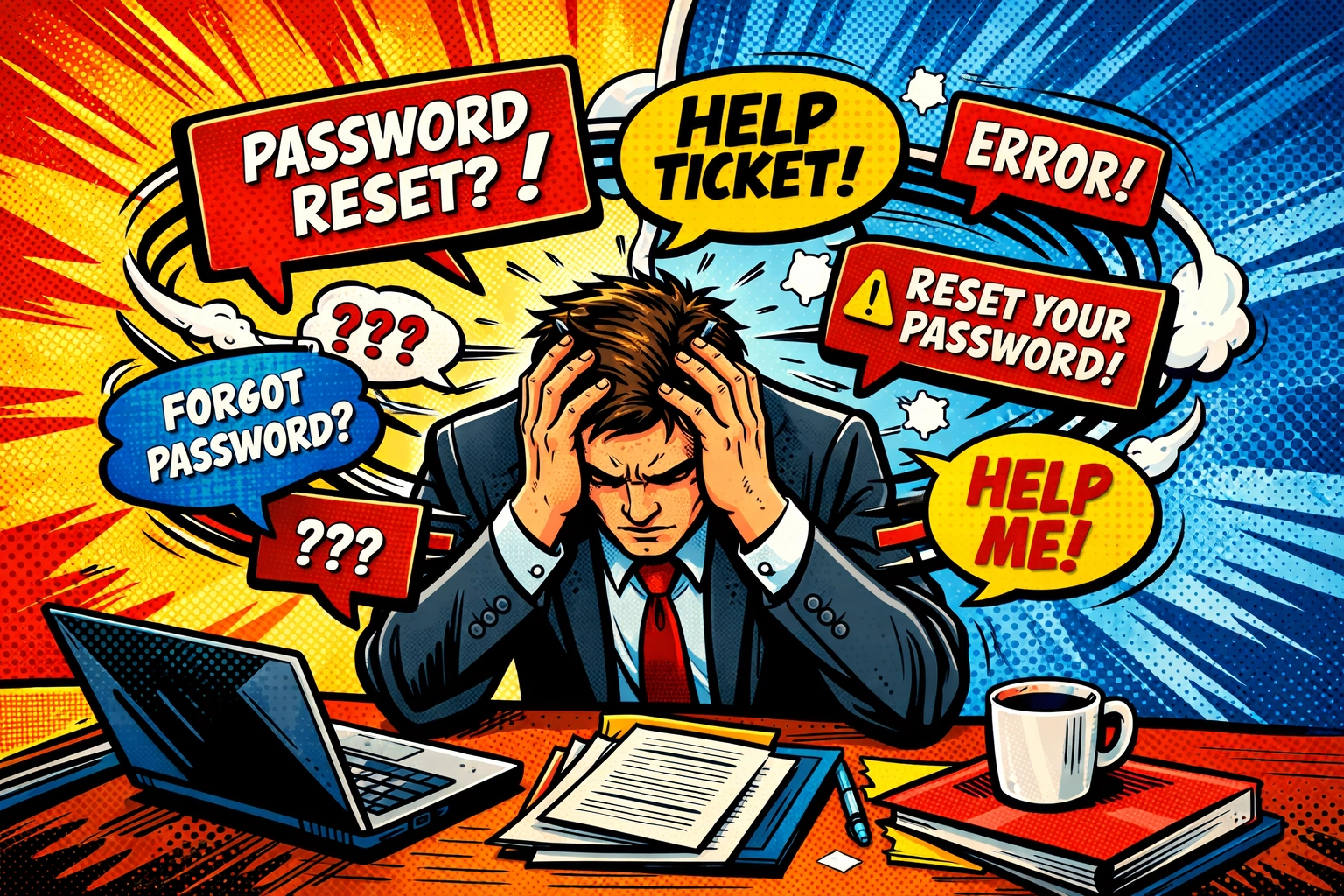 Overwhelmed business owner surrounded by password reset requests and IT helpdesk tickets