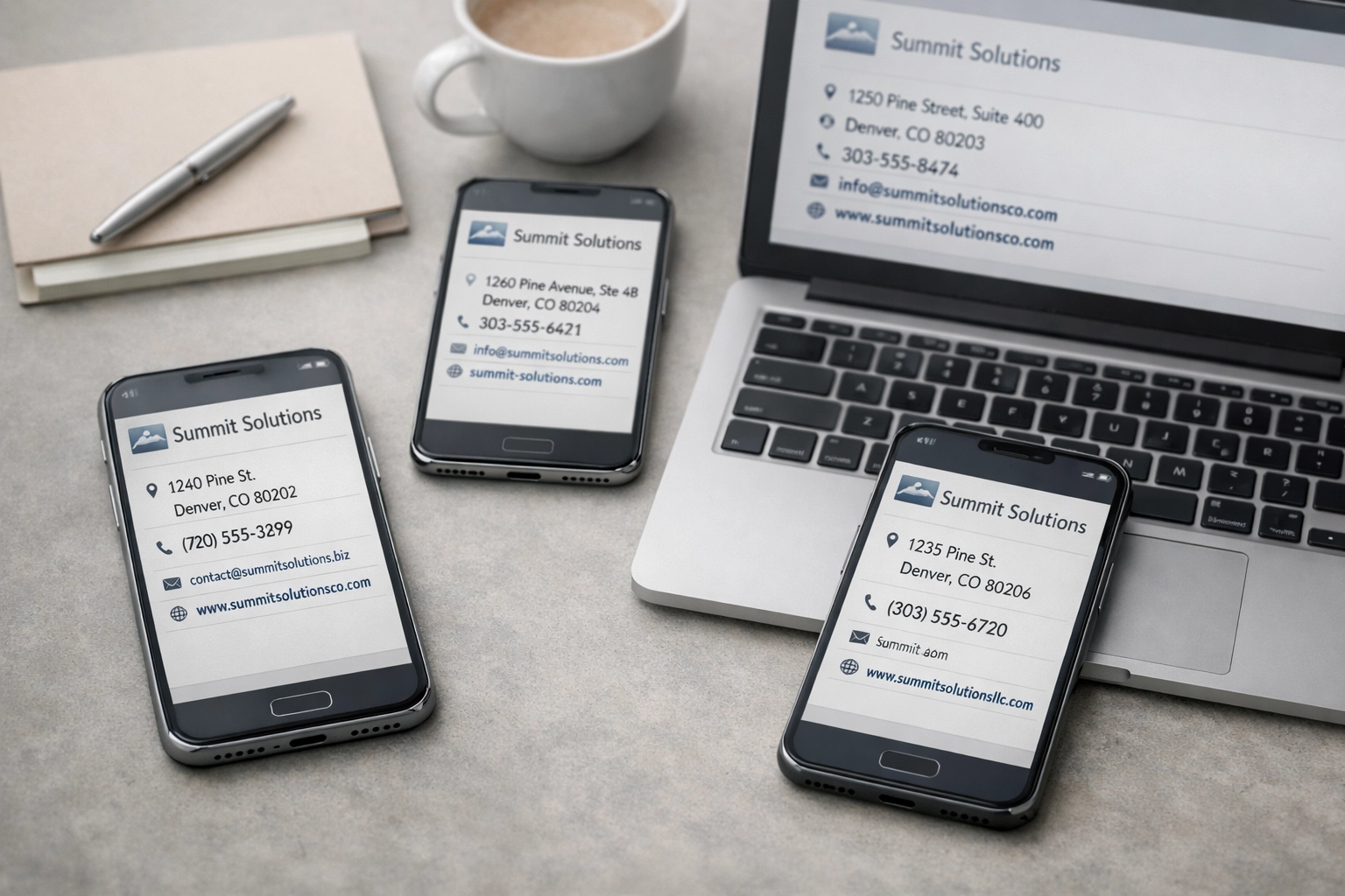 Multiple devices displaying inconsistent business listings across different directory platforms