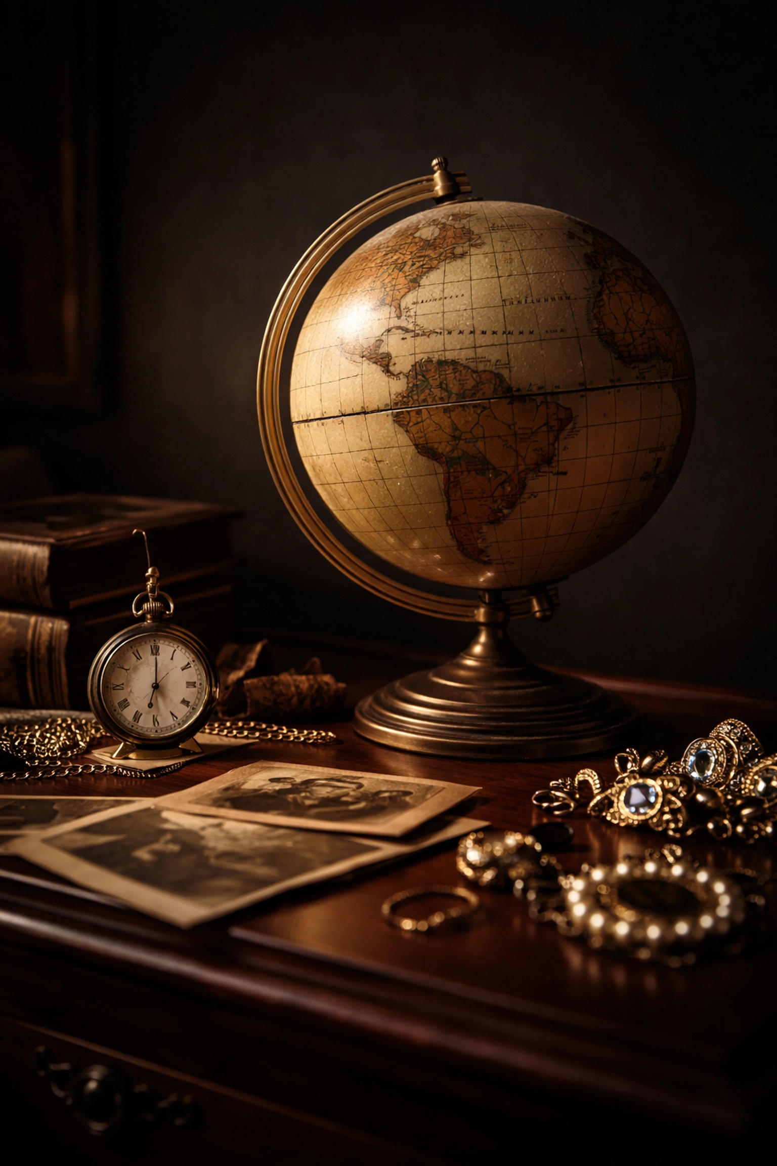 Globe and world map on antique desk with estate collectibles, illustrating global auction reach for valuables