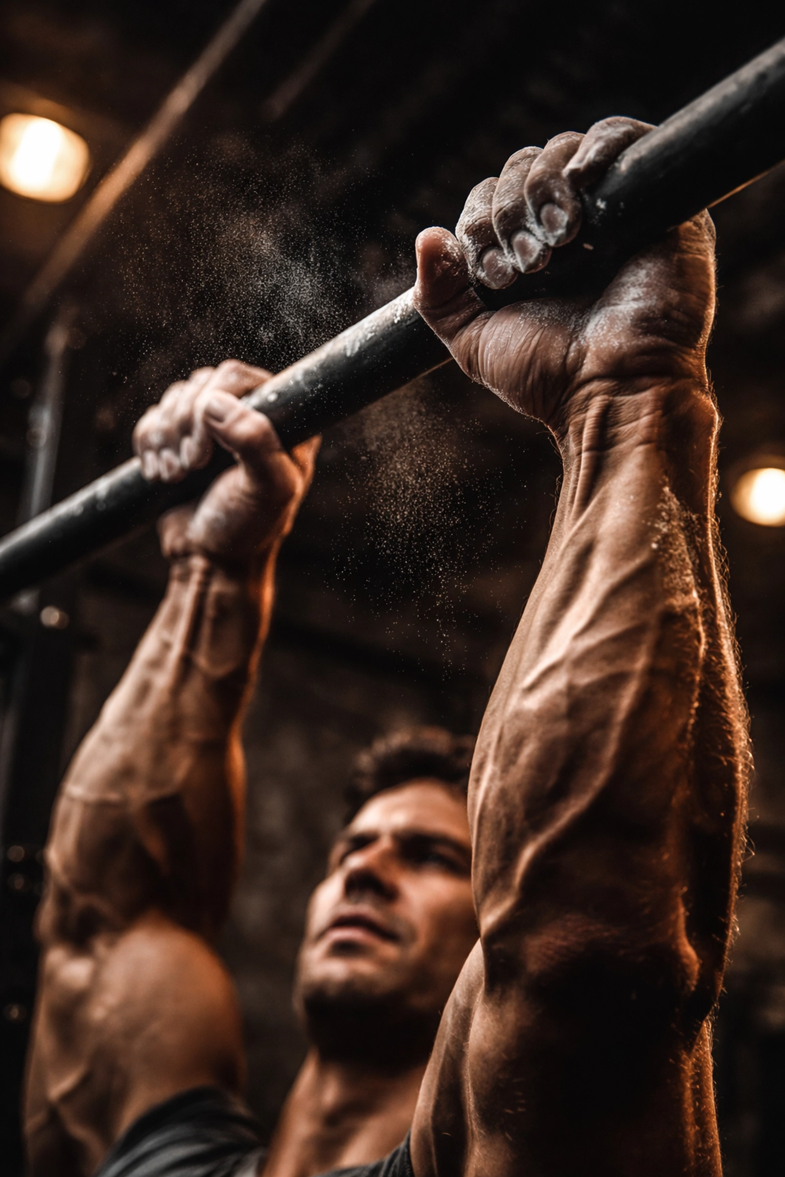 Close-up of hands gripping a pull-up bar, highlighting grip strength and resistance training for ninja warrior workouts.