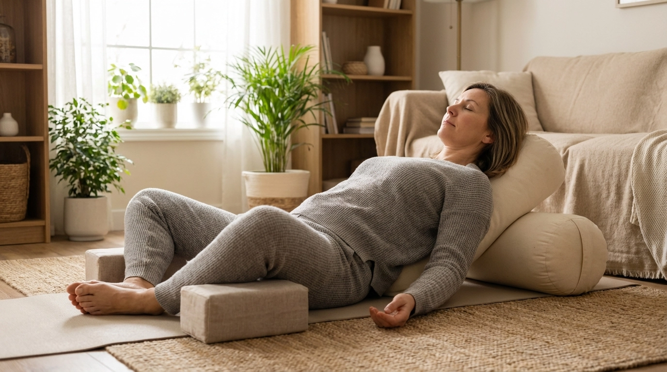 Midlife woman in reclining goddess (Supta Baddha Konasana) with supportive props, promoting restorative yoga for hormonal balance and perimenopause support