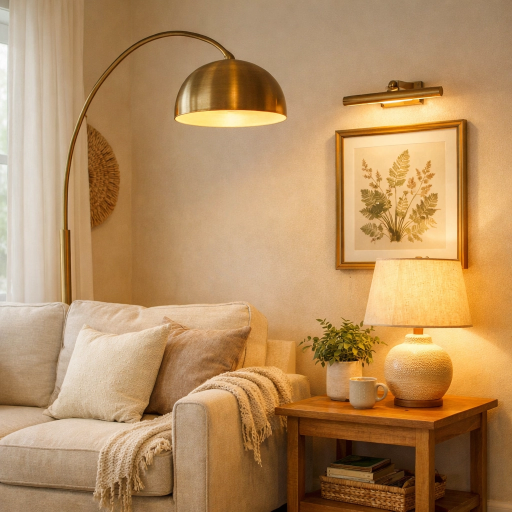 Layered lighting in rental living room with arc floor lamp, table lamp, and picture light