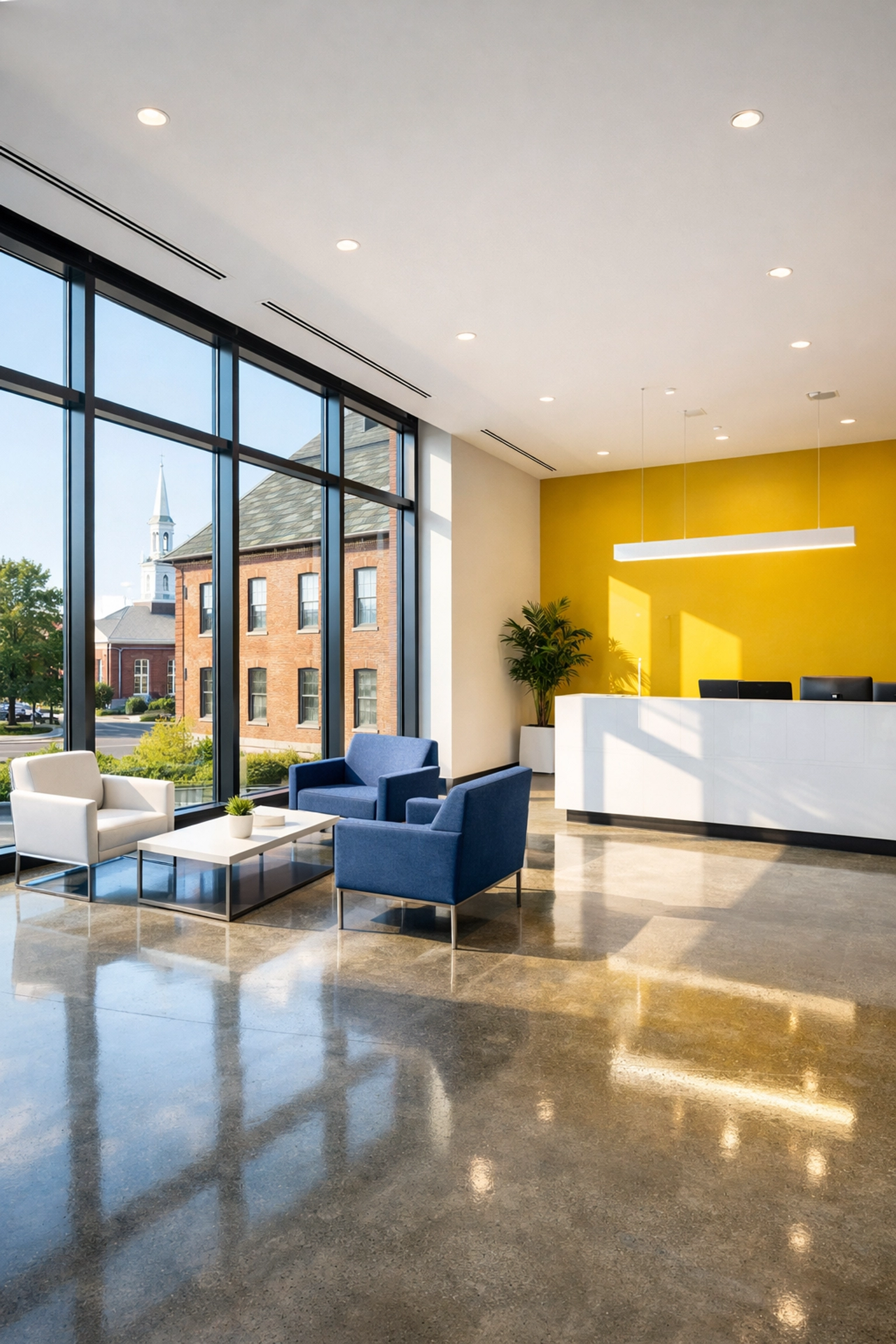 Clean and bright professional office lobby in Leominster with polished floors.