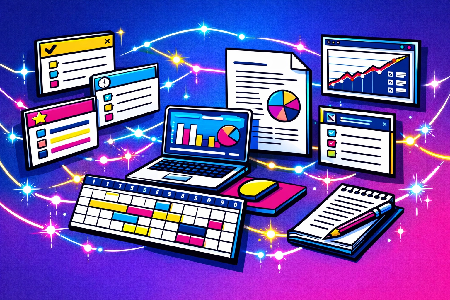 AI-organized digital workspace with task cards and documents arranged efficiently