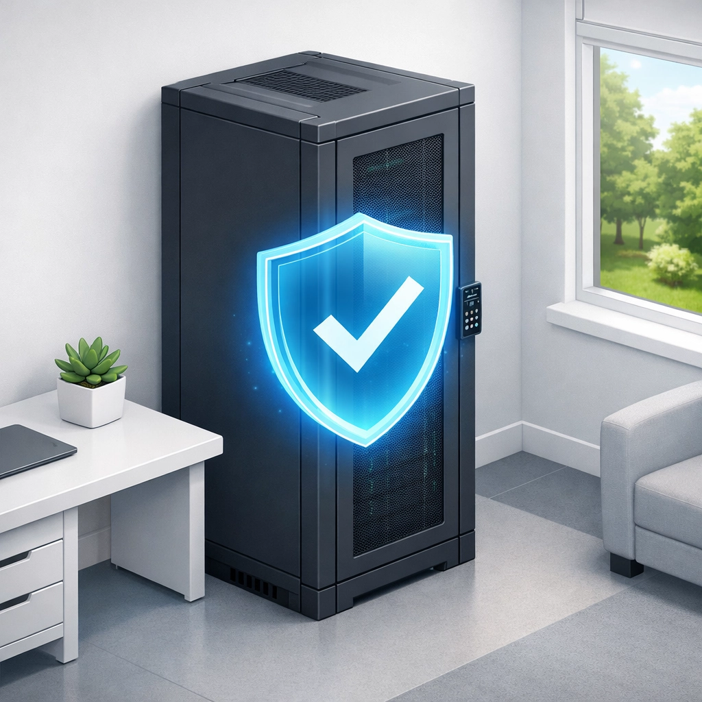 Secure lockable cabinet with a protective shield icon for GDPR-compliant nursery CCTV data storage.