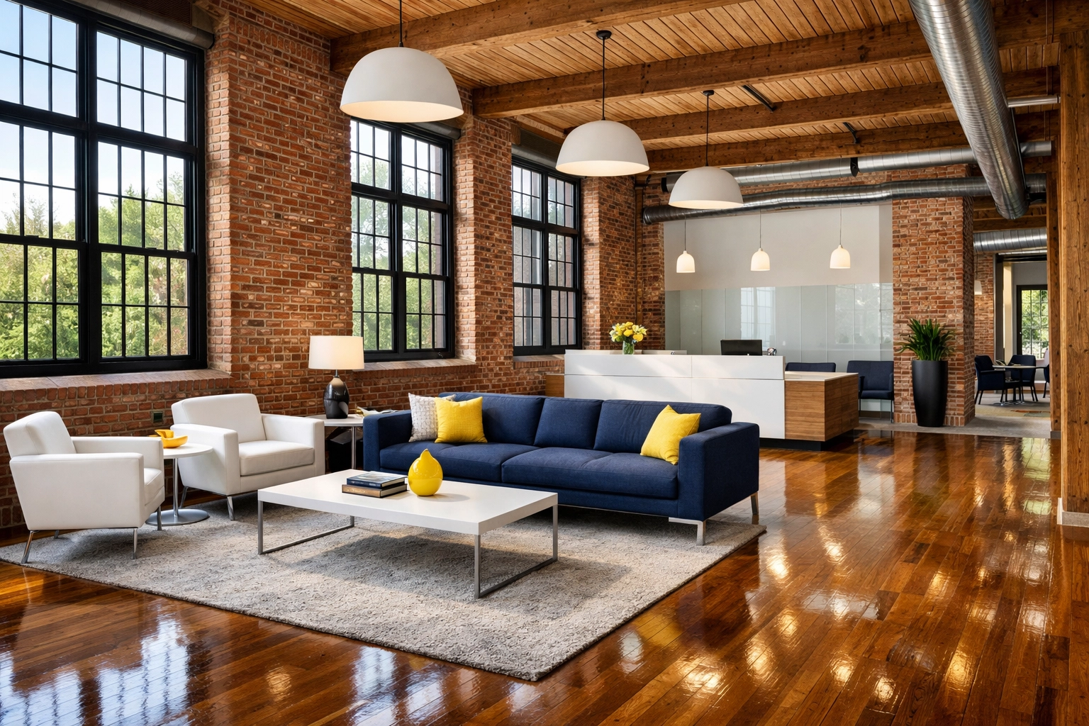 Clean, modern office lobby in a renovated Fitchburg mill reflecting professional commercial cleaning standards.