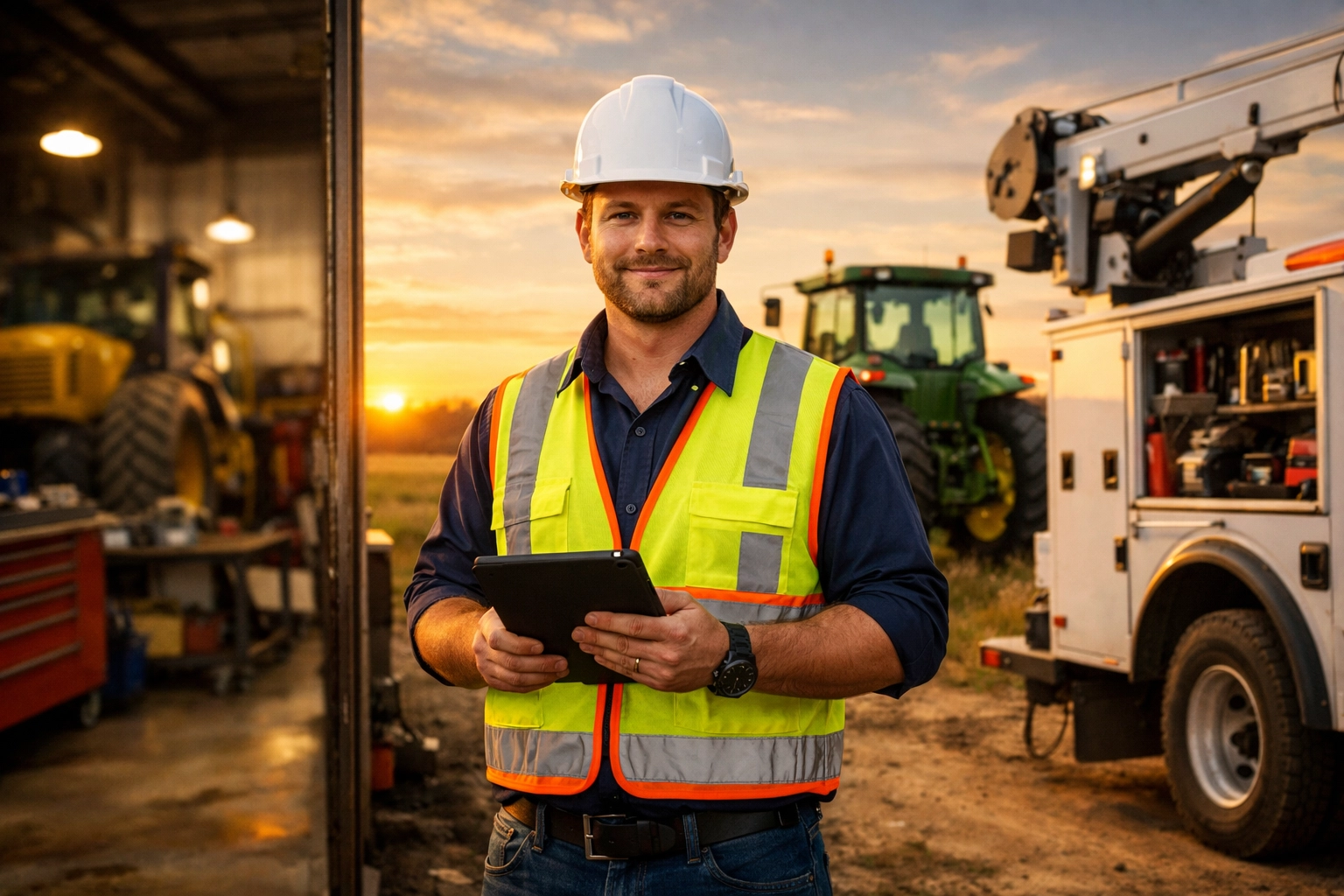Heavy equipment service advisor coordinating field and shop work with John Deere equipment