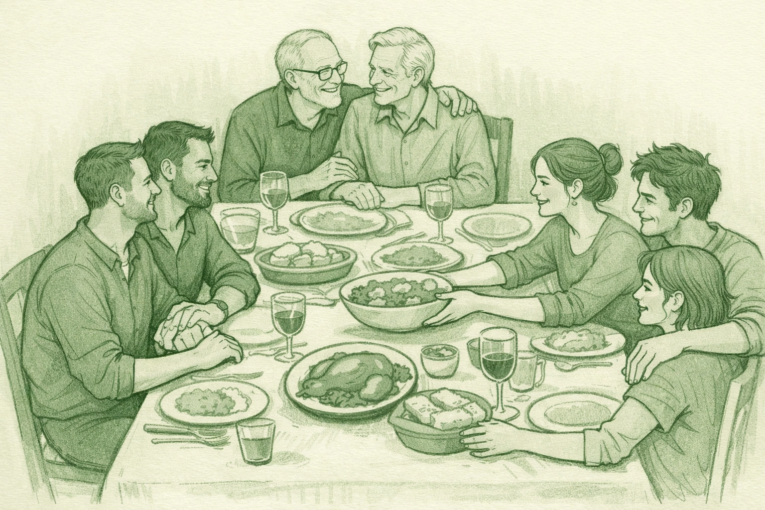 Multi-generational LGBTQ+ family sharing dinner together