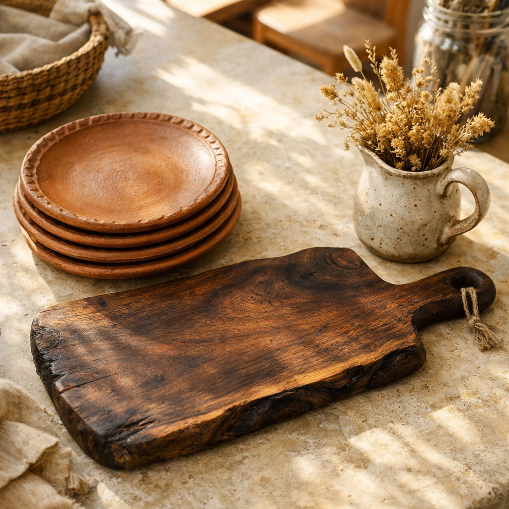 Handcrafted terracotta plates and dark walnut serving board for a functional artisan kitchen.