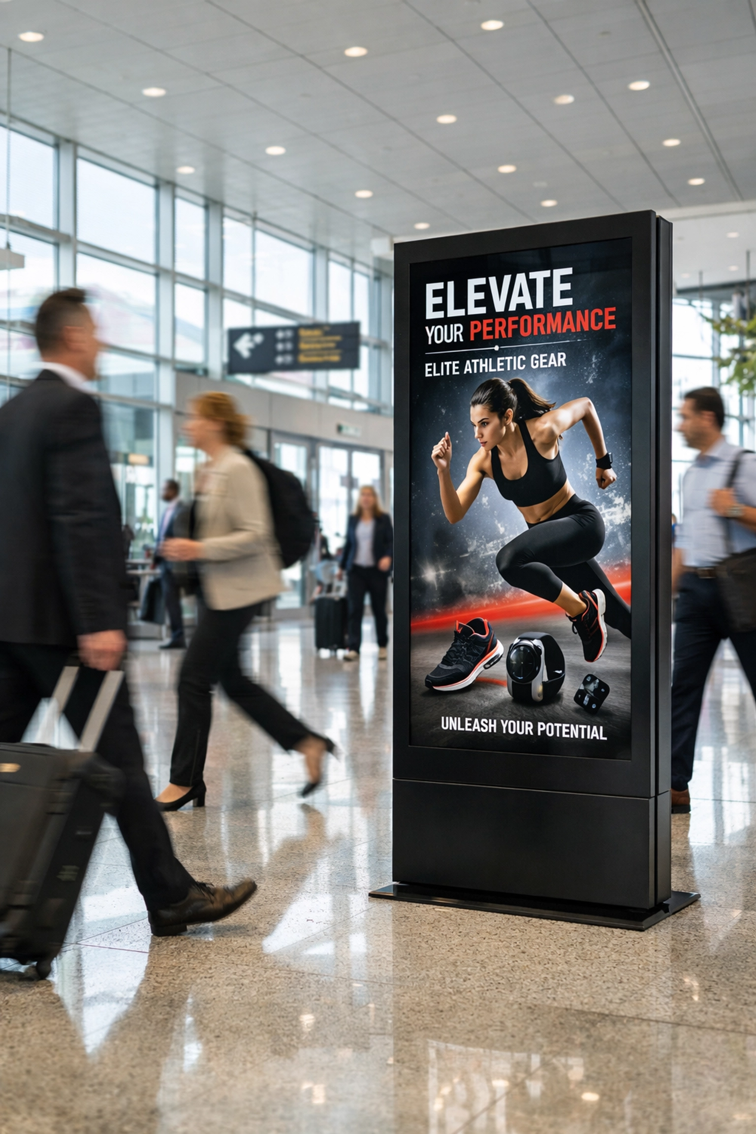 Sleek digital advertising screen in a modern airport terminal displaying programmatic sports marketing.