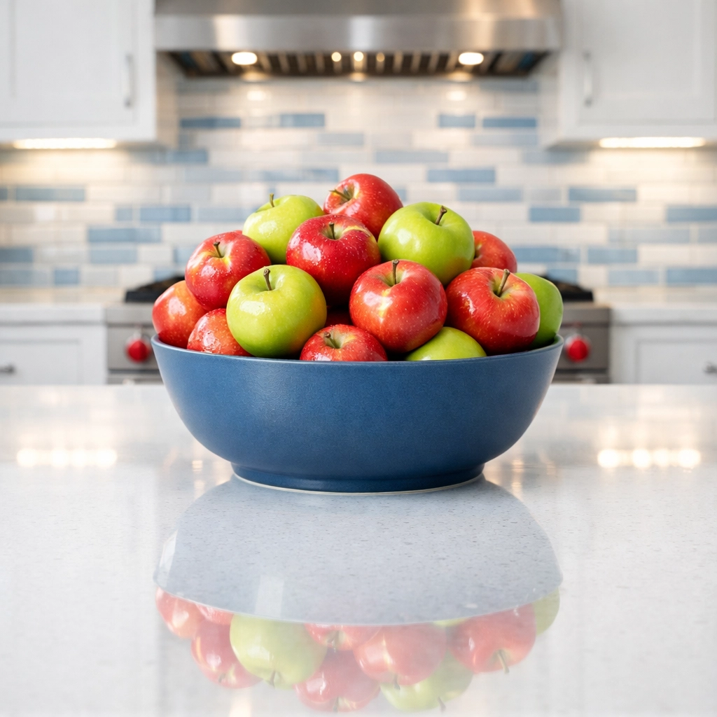 Spotless quartz kitchen counter and fresh apples, demonstrating high-end luxury cleaning in Harvard, MA.
