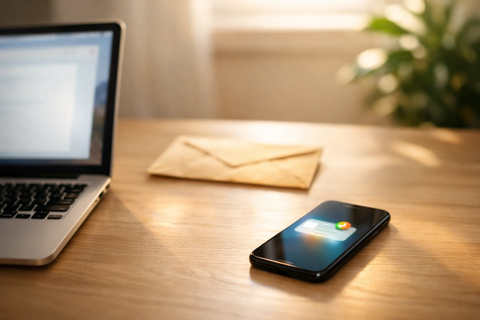Home office desk showing a transition from paper tax check envelopes to digital IRS tax refund deposits.